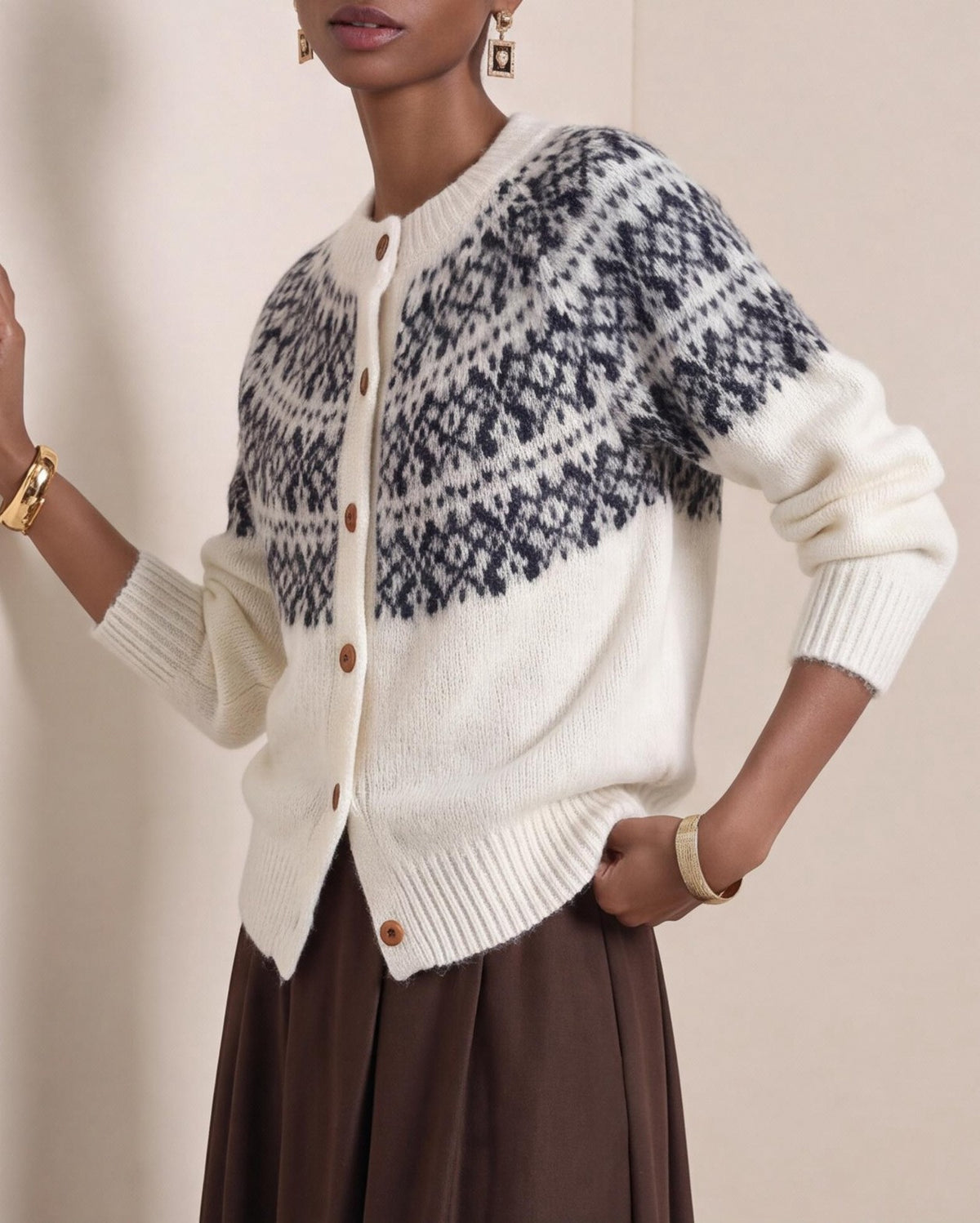 Nordic Fair Isle Colorblock Knit Cardigan - Beige - 1