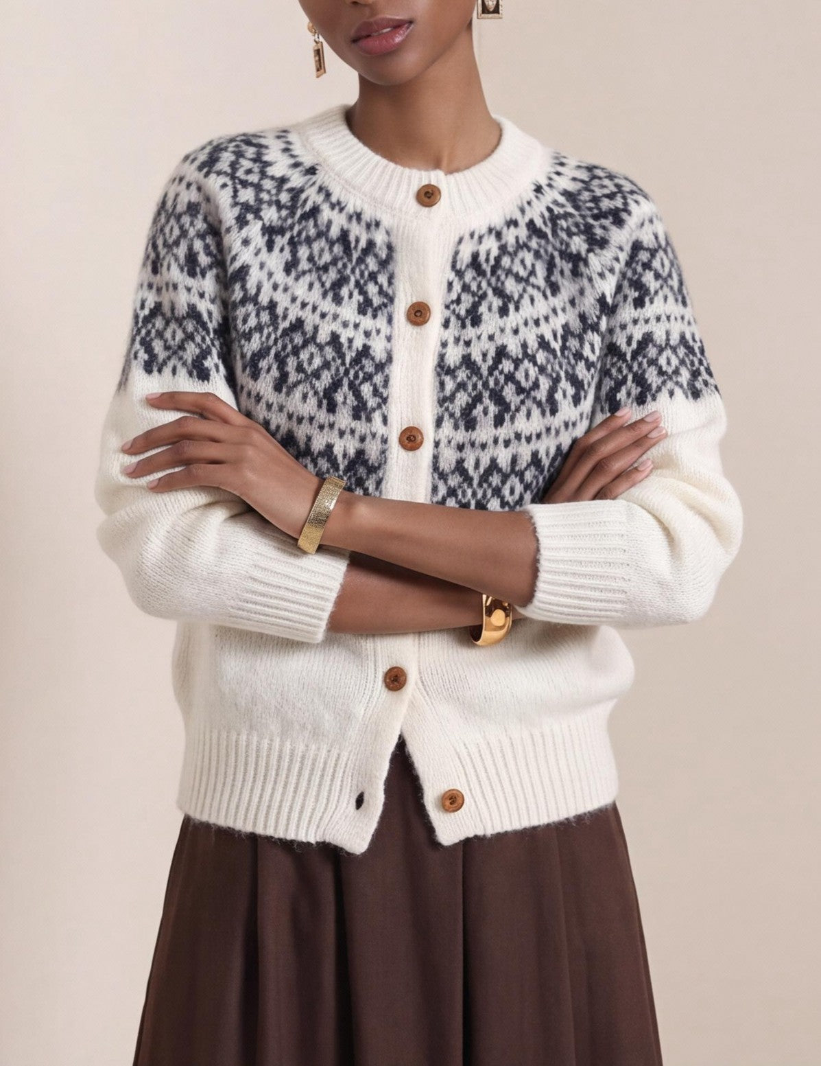 Nordic Fair Isle Colorblock Knit Cardigan - Beige - 2