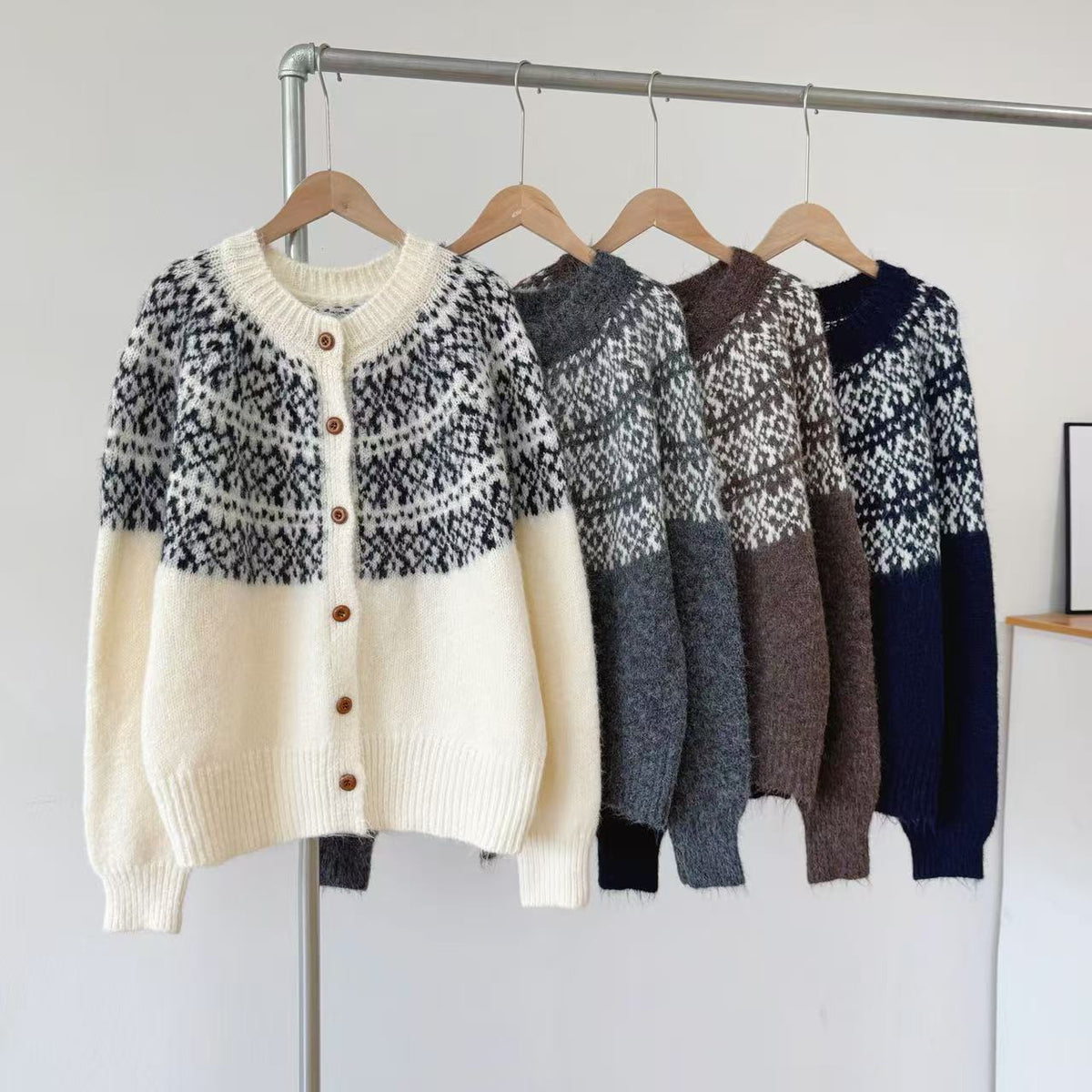 Nordic Fair Isle Colorblock Knit Cardigan - Beige - 3