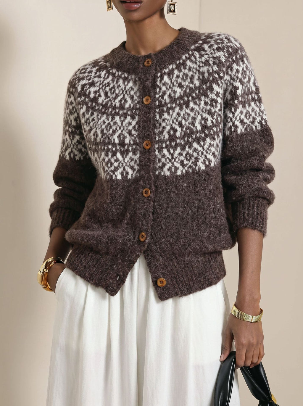 Nordic Fair Isle Colorblock Knit Cardigan - Coffee