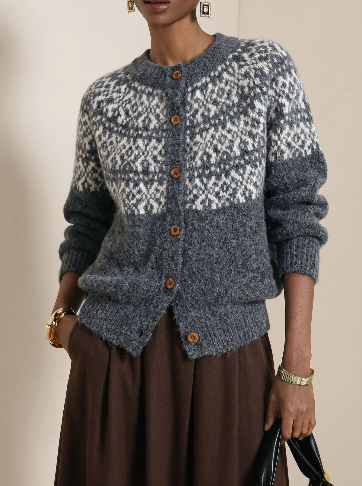 Nordic Fair Isle Colorblock Knit Cardigan - Grey