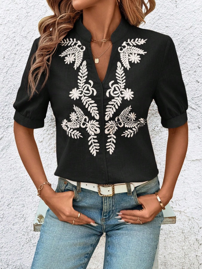 Leaf Embroidery Split Neck Cuffed Blouse - Black
