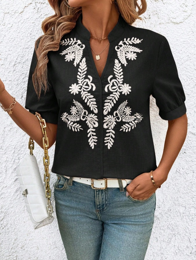 Leaf Embroidery Split Neck Cuffed Blouse - Black - 1