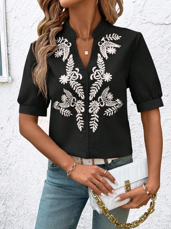 Leaf Embroidery Split Neck Cuffed Blouse - Black - 2
