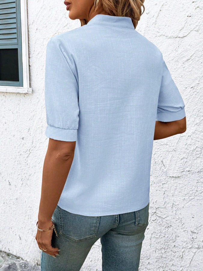 Leaf Embroidery Split Neck Cuffed Blouse - Blue - 2