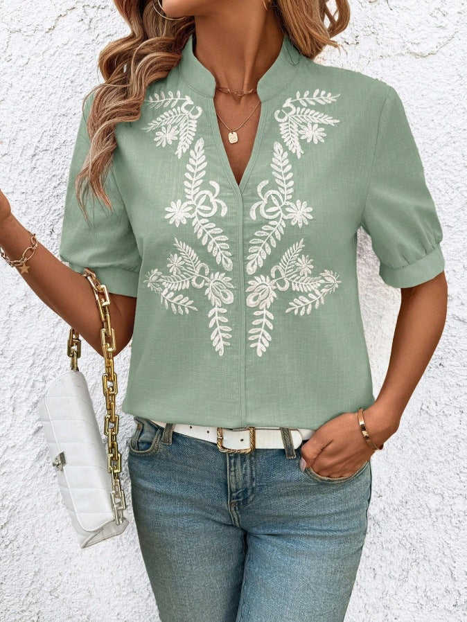 Leaf Embroidery Split Neck Cuffed Blouse - Green