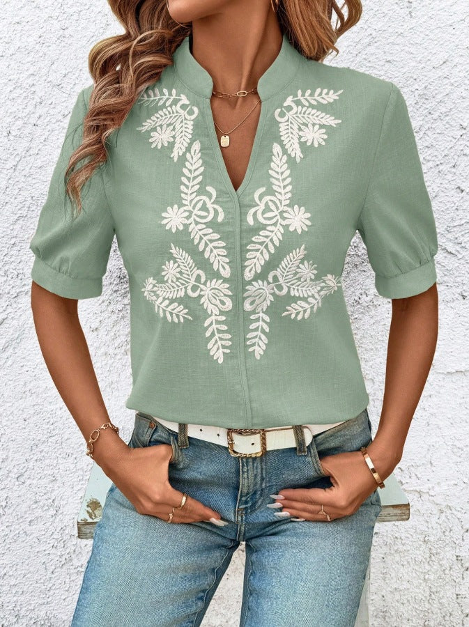 Leaf Embroidery Split Neck Cuffed Blouse - Green - 1