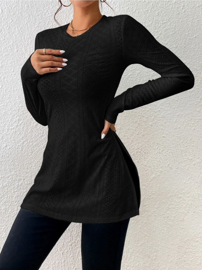 Pointelle Knit Split Hem Tunic Top - Black