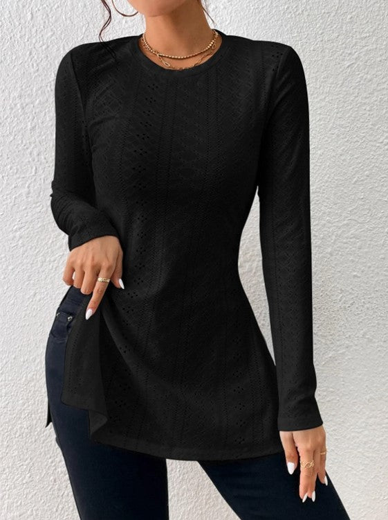 Pointelle Knit Split Hem Tunic Top - Black - 1
