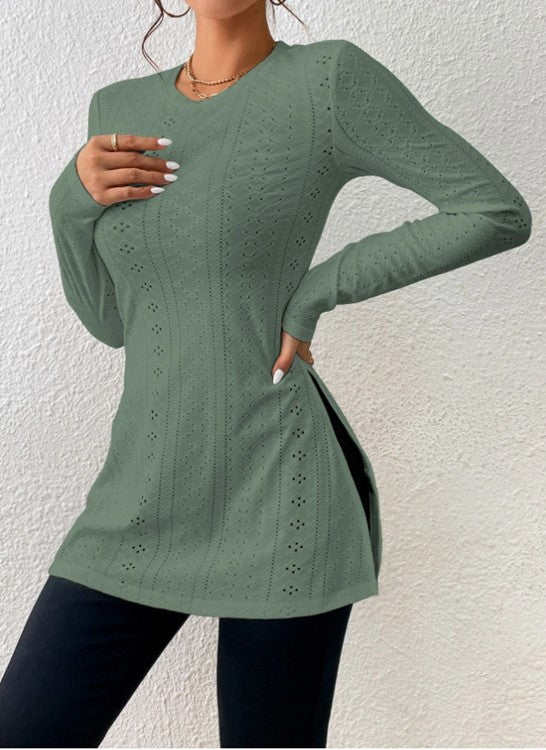 Pointelle Knit Split Hem Tunic Top - Green