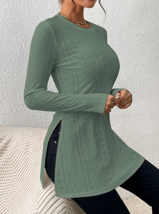 Pointelle Knit Split Hem Tunic Top - Green - 1