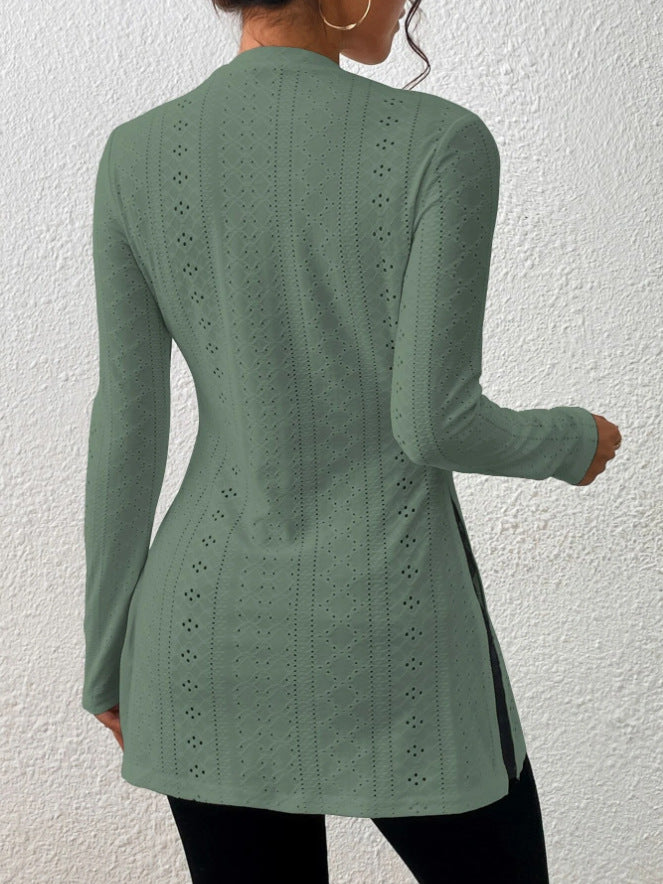 Pointelle Knit Split Hem Tunic Top - Green - 2