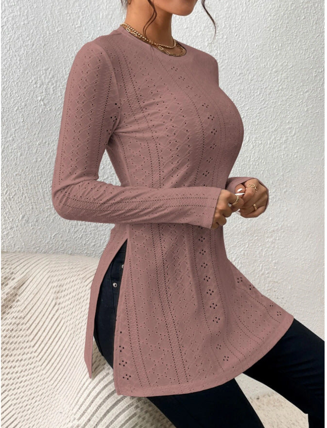 Pointelle Knit Split Hem Tunic Top - Pink