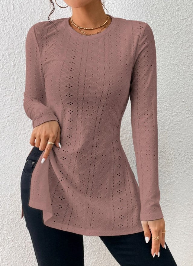 Pointelle Knit Split Hem Tunic Top - Pink - 1