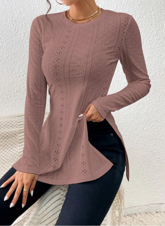 Pointelle Knit Split Hem Tunic Top - Pink - 2