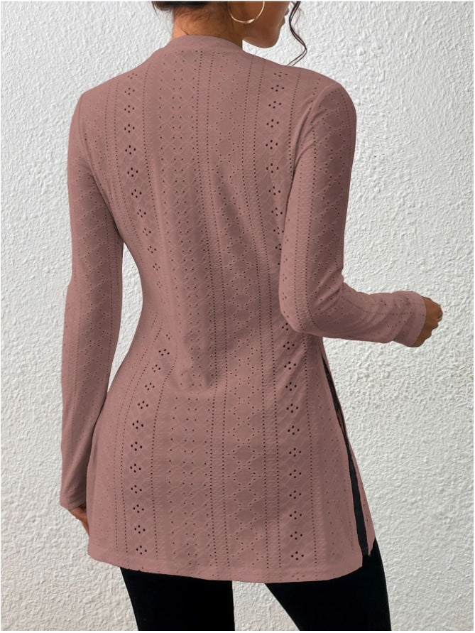 Pointelle Knit Split Hem Tunic Top - Pink - 3