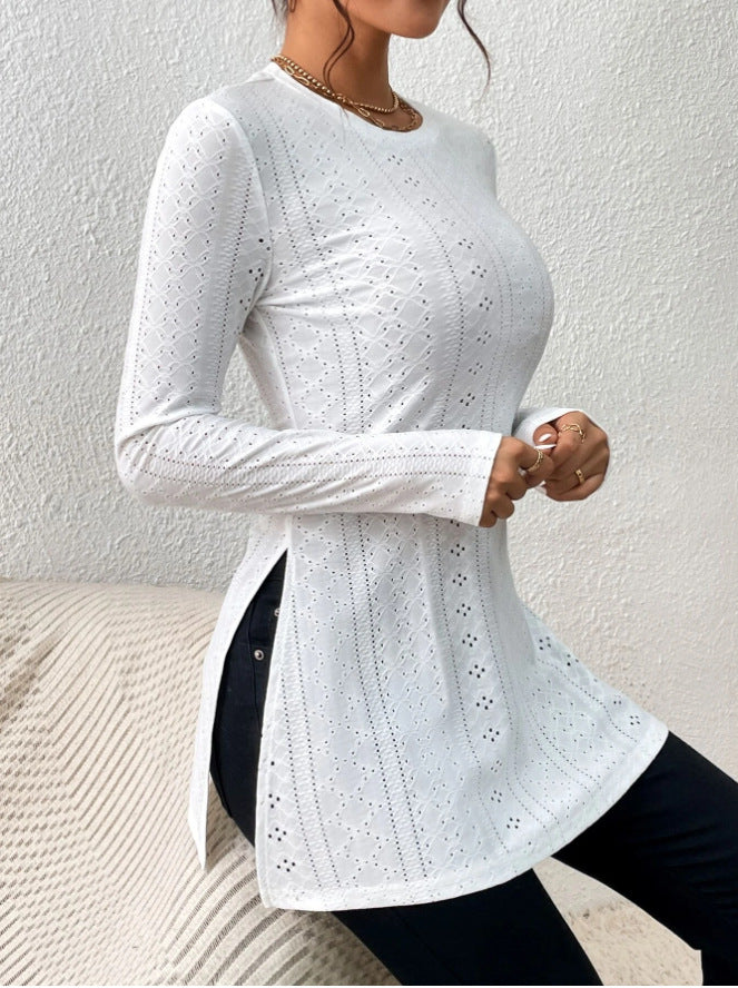 Pointelle Knit Split Hem Tunic Top - White