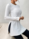 Pointelle Knit Split Hem Tunic Top - White