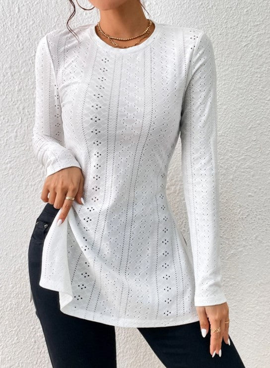 Pointelle Knit Split Hem Tunic Top - White - 1