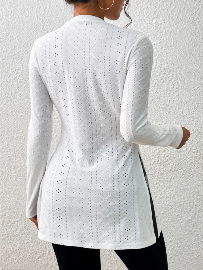 Pointelle Knit Split Hem Tunic Top - White - 2