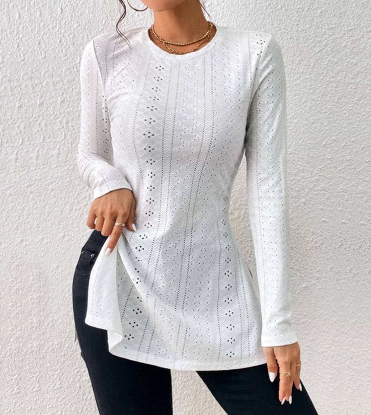 Pointelle Knit Split Hem Tunic Top