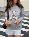 Teddy Bear Graphic Knit Sweater - Grey