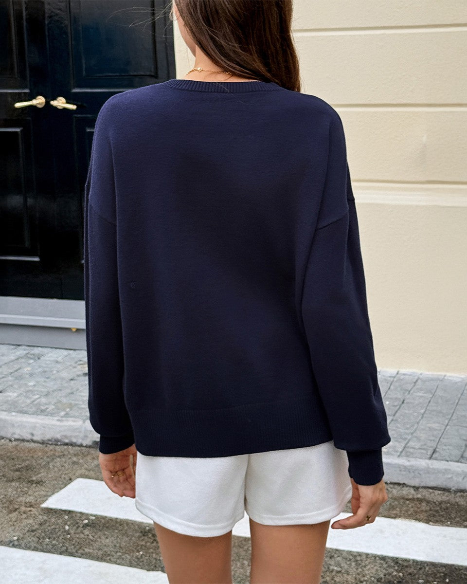 Teddy Bear Graphic Knit Sweater - Navy-Blue - 1