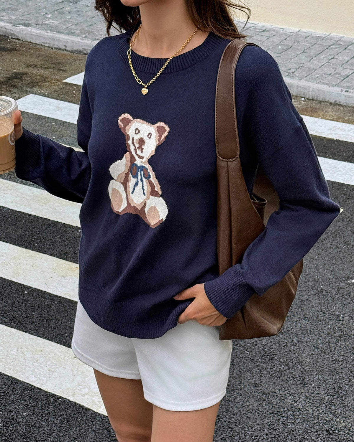 Teddy Bear Graphic Knit Sweater - Navy-Blue - 2