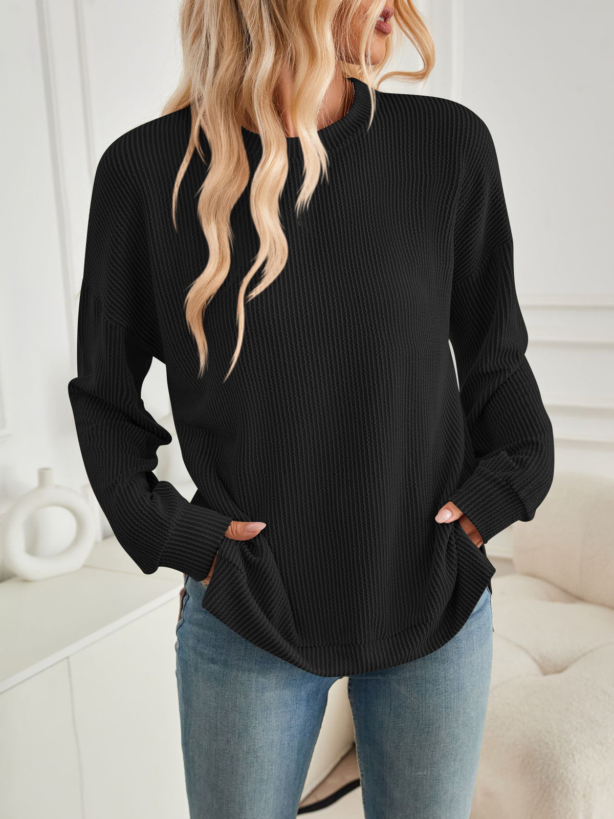 Ribbed Side Slit Longline Sweatshirt - Black