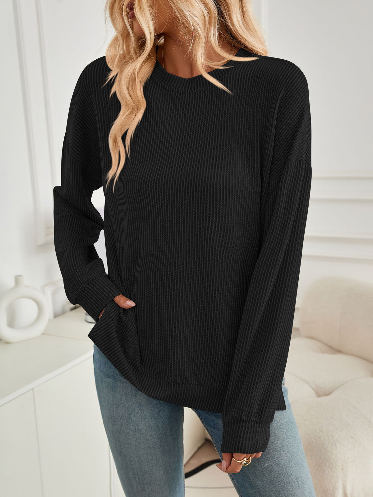 Ribbed Side Slit Longline Sweatshirt - Black - 1