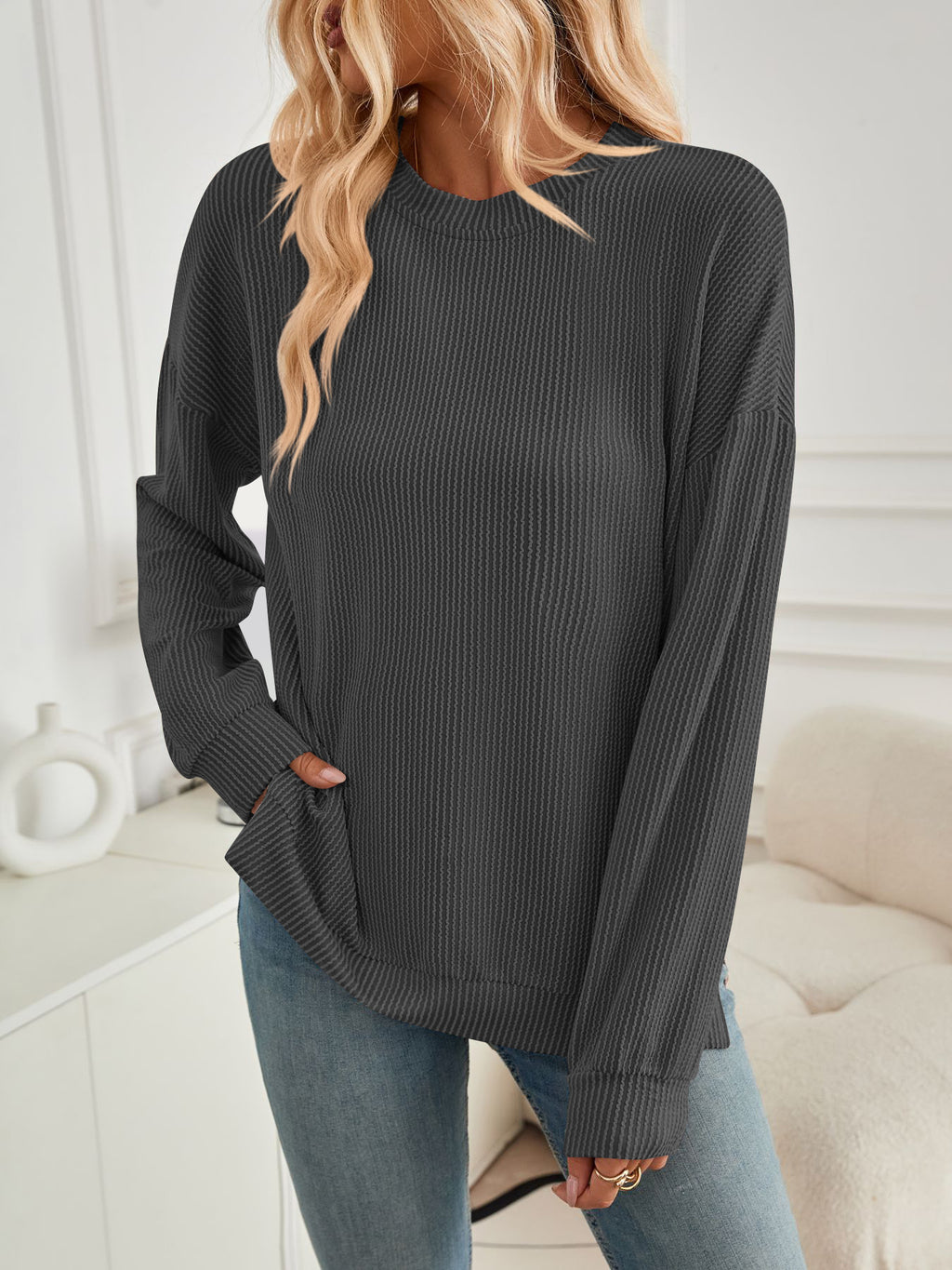 Ribbed Side Slit Longline Sweatshirt - Darkgrey