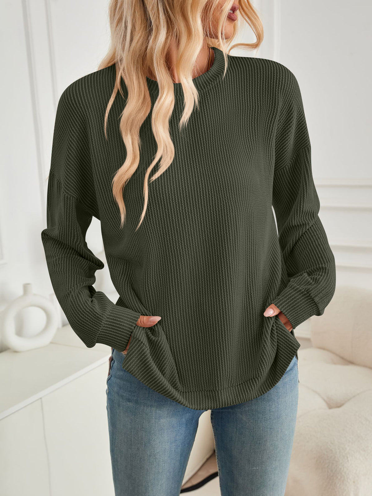 Ribbed Side Slit Longline Sweatshirt - Green - 1