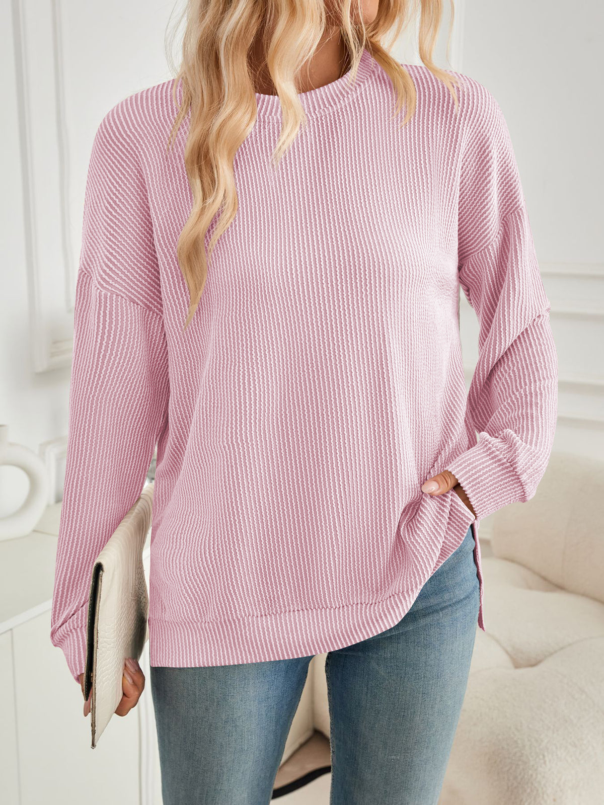 Ribbed Side Slit Longline Sweatshirt - Pink - 1