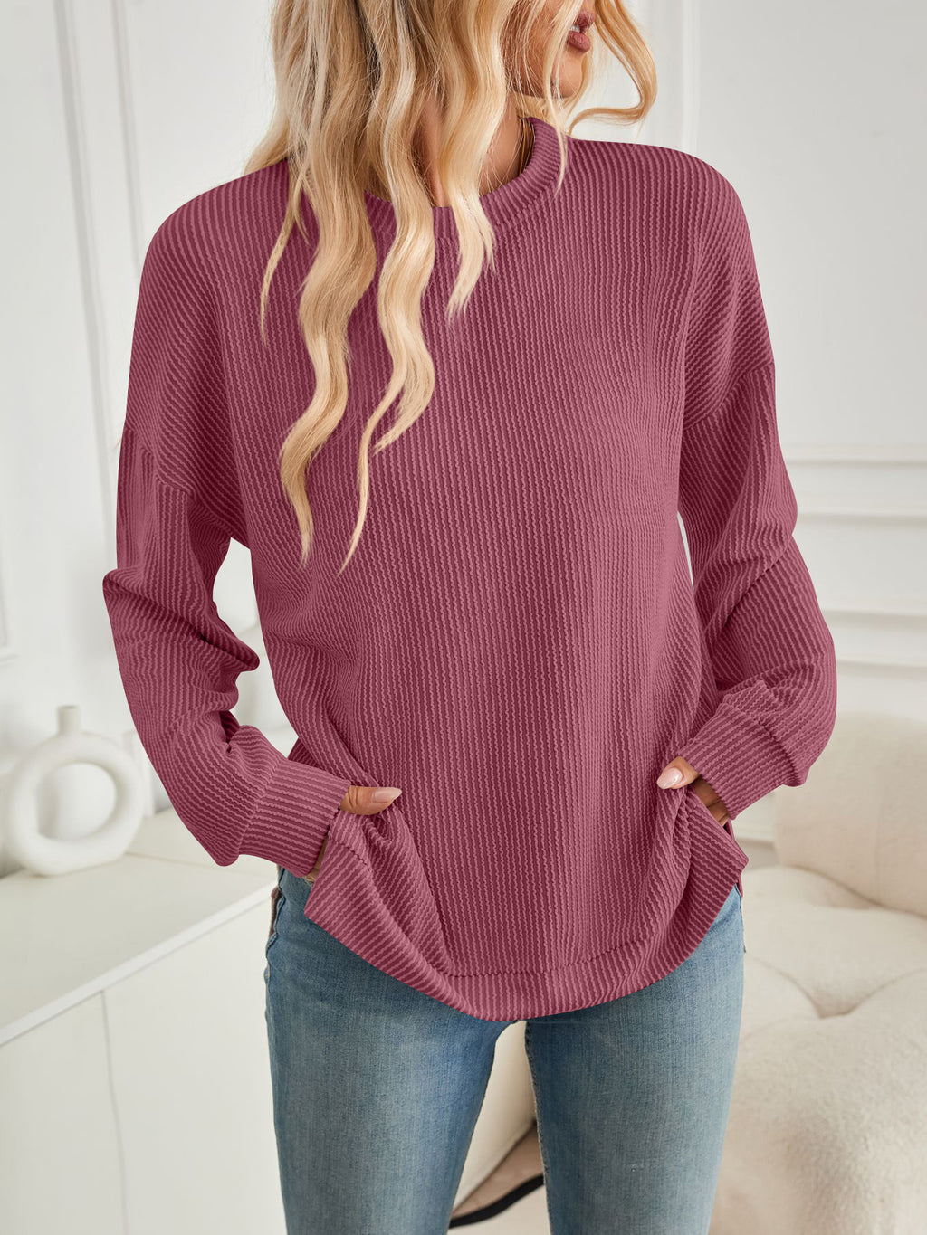 Ribbed Side Slit Longline Sweatshirt - Winered