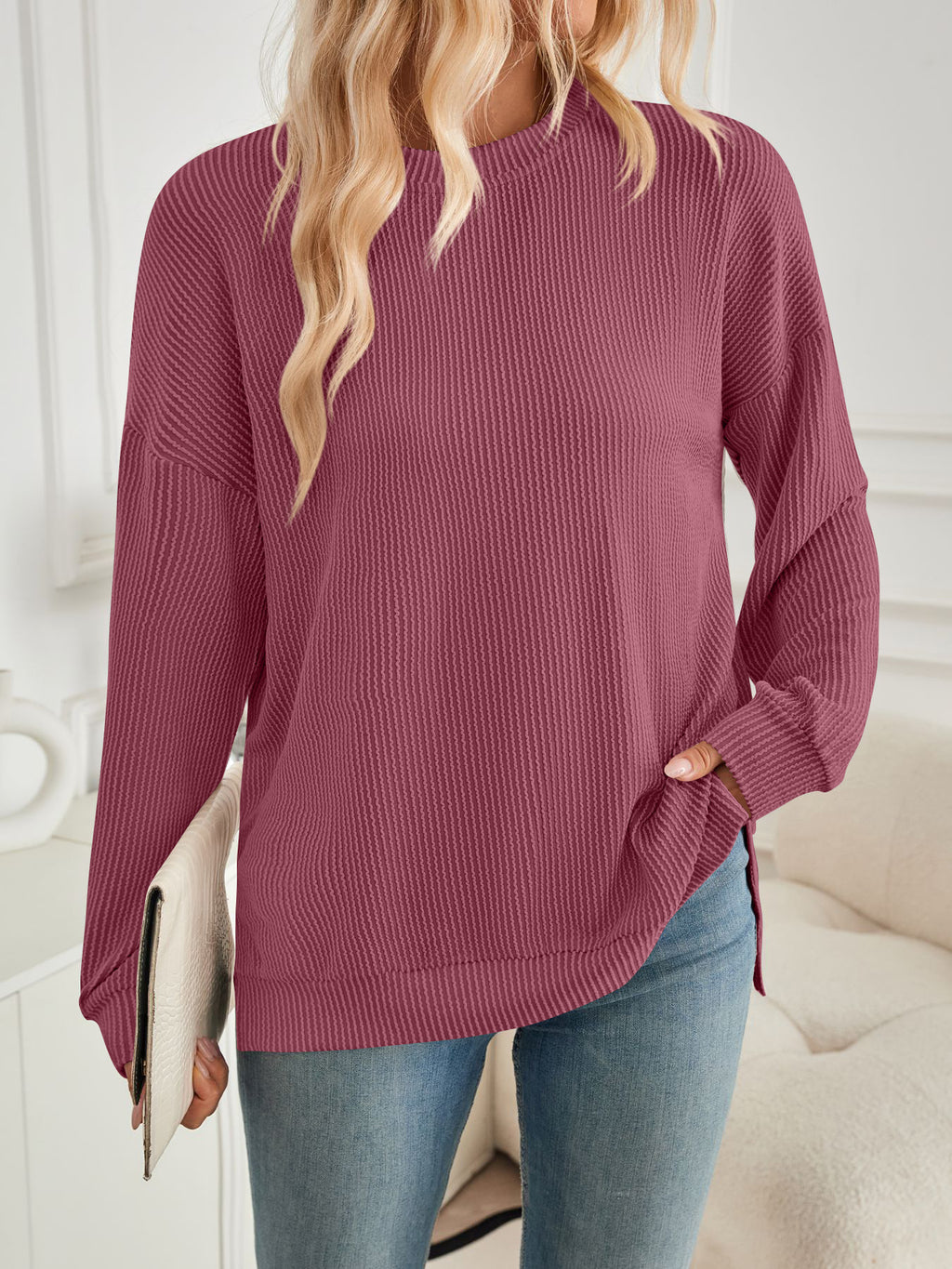 Ribbed Side Slit Longline Sweatshirt - Winered - 1
