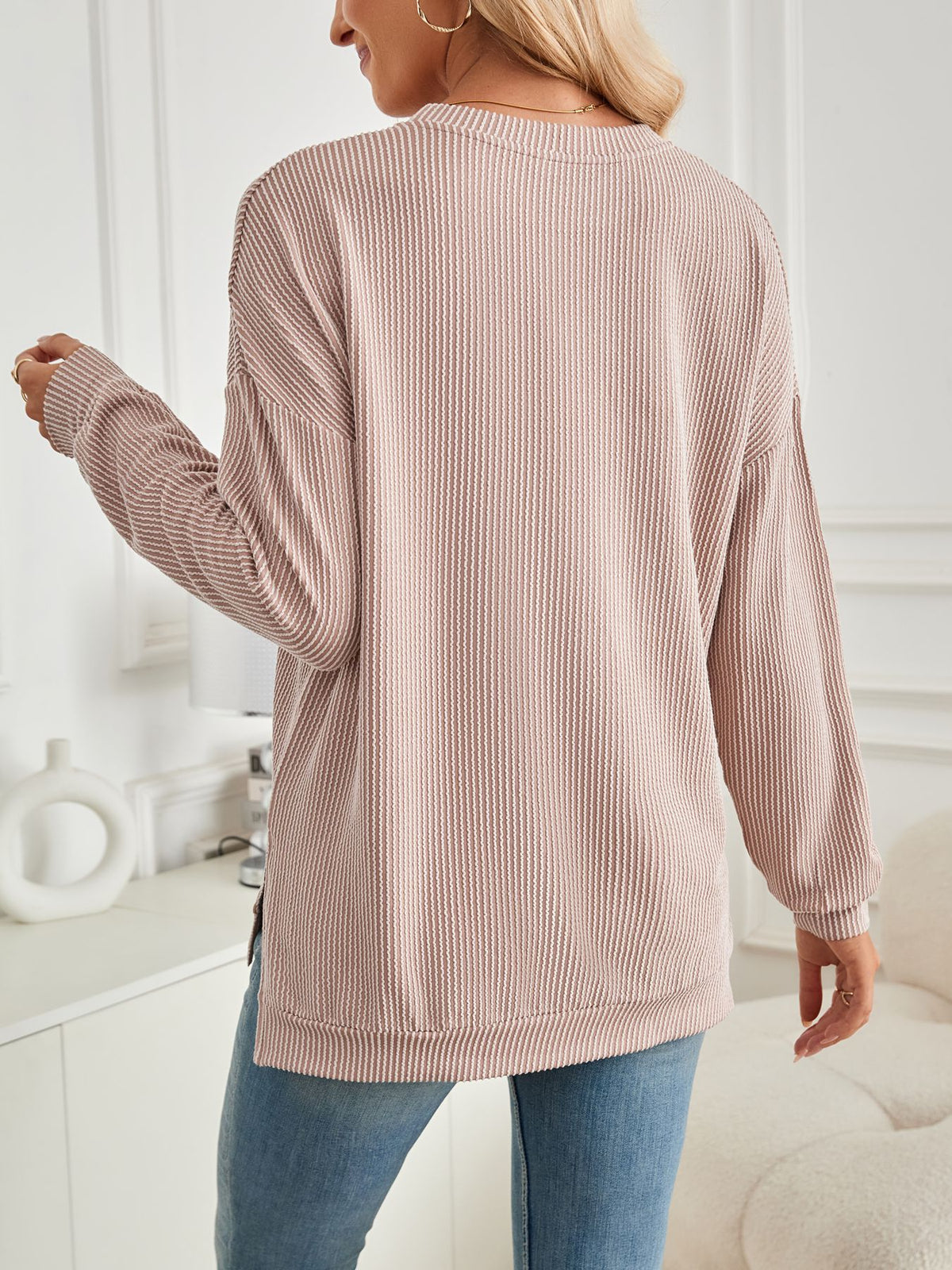 Ribbed Side Slit Longline Sweatshirt - khaki - 1