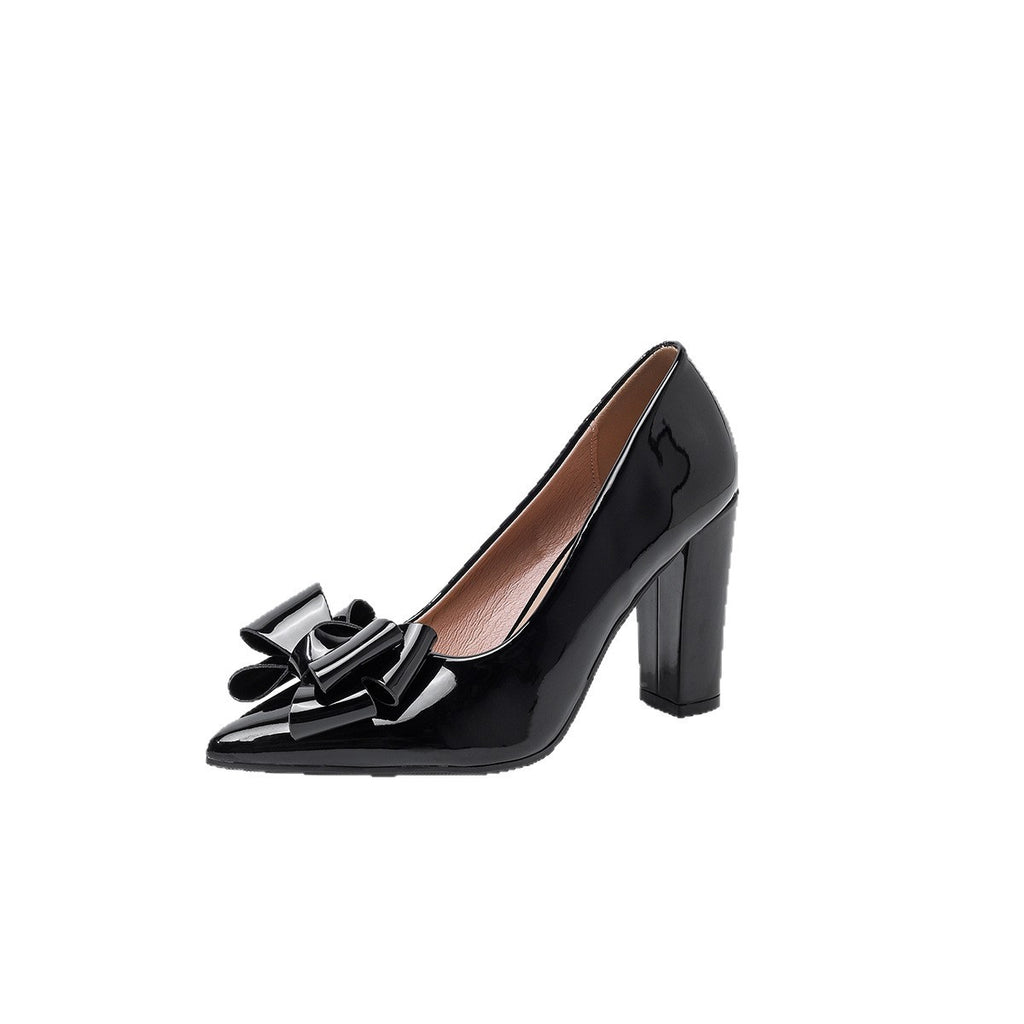 Bow Front Pointed Toe Patent Block Heel Pumps