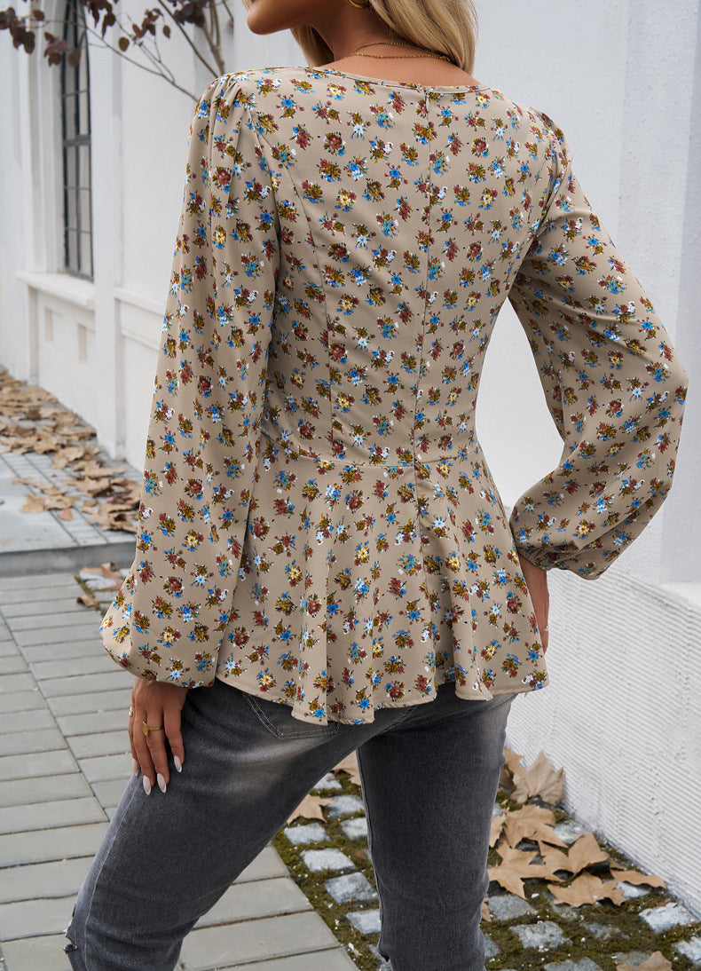 Ditsy Floral Square Neck Peplum Blouse - Khaki - 1