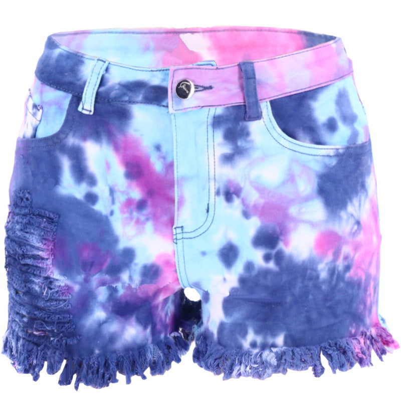 Distressed Tie Dye Frayed Denim Shorts - blue