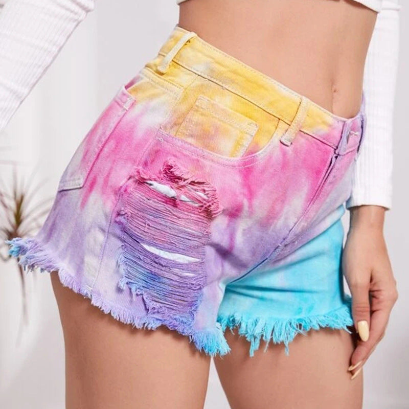 Distressed Tie Dye Frayed Denim Shorts - view 2