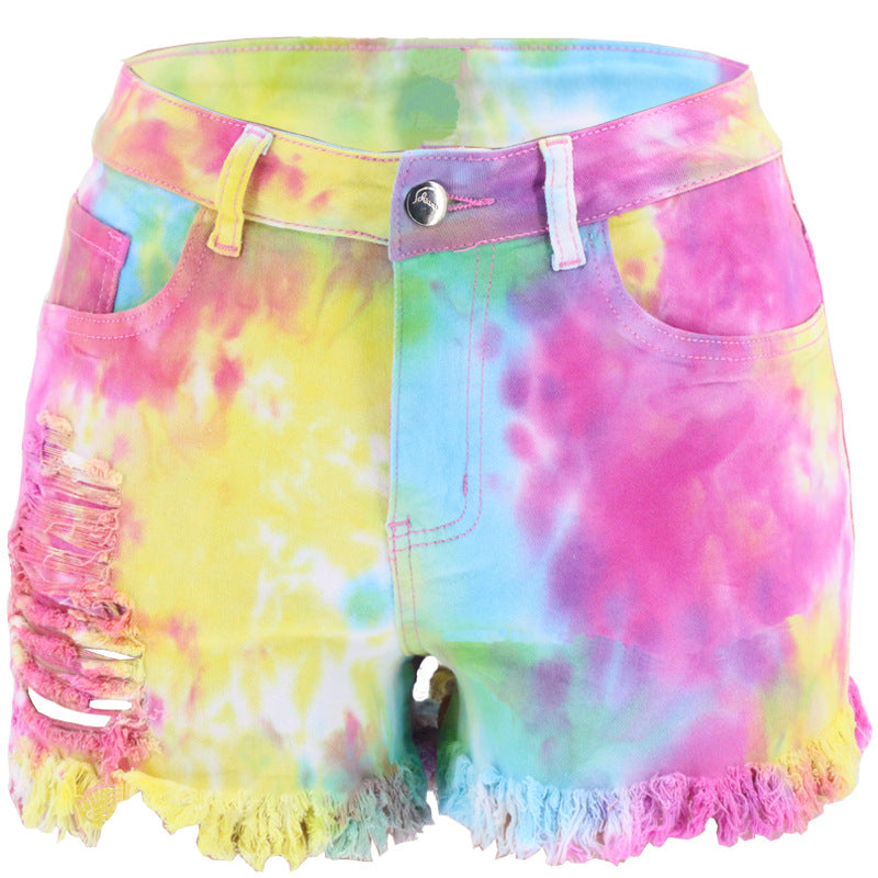 Distressed Tie Dye Frayed Denim Shorts - pink