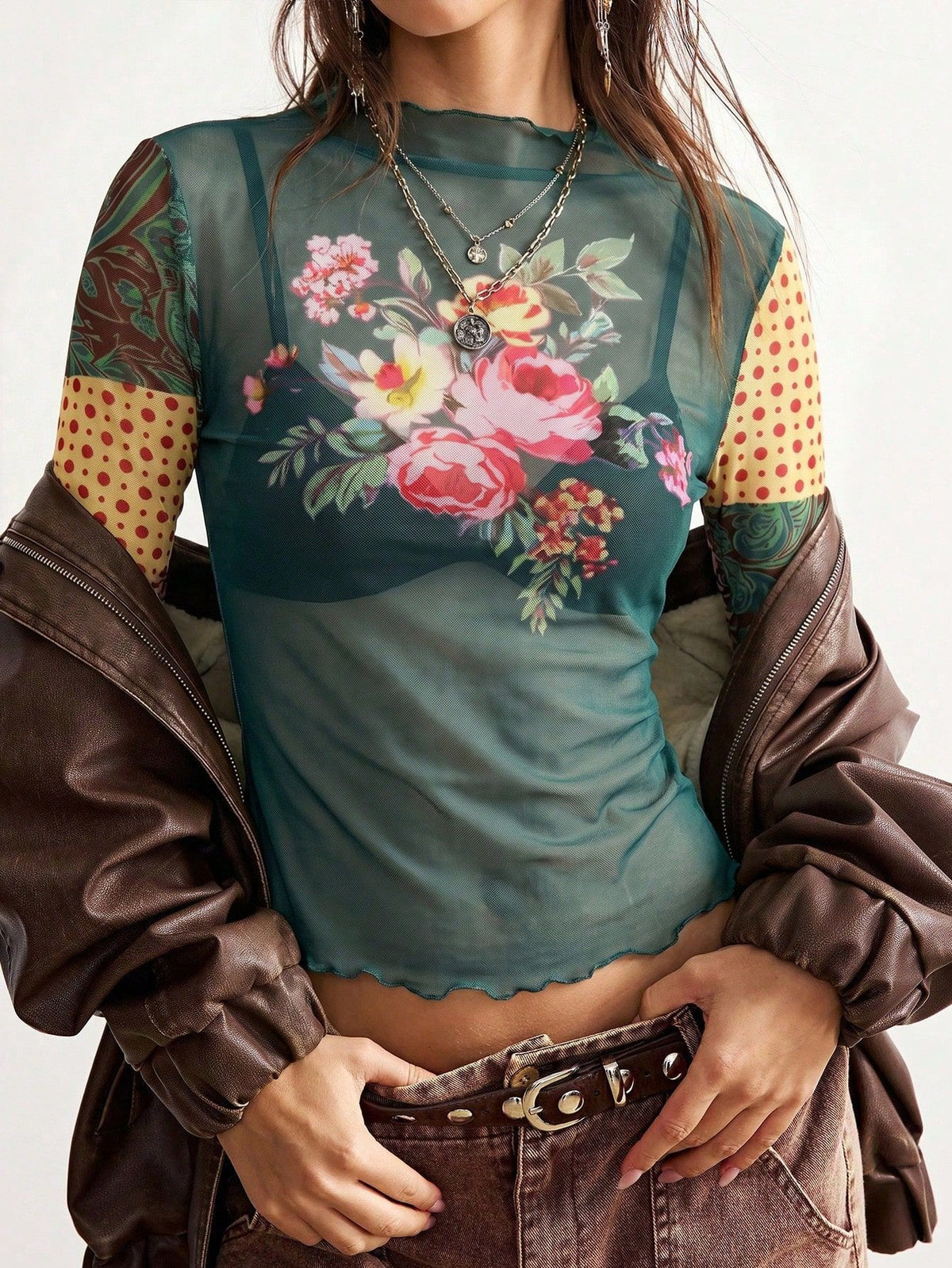 Patchwork Sleeve Sheer Mesh Floral Blouse - DkGreen - 1