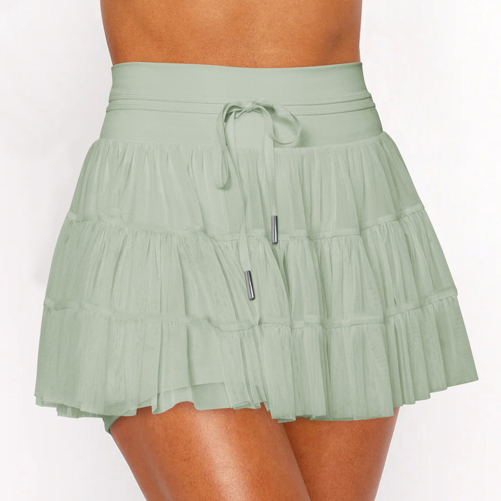 Tiered Mesh High Waist Tennis Skort With Pockets - Sage Green