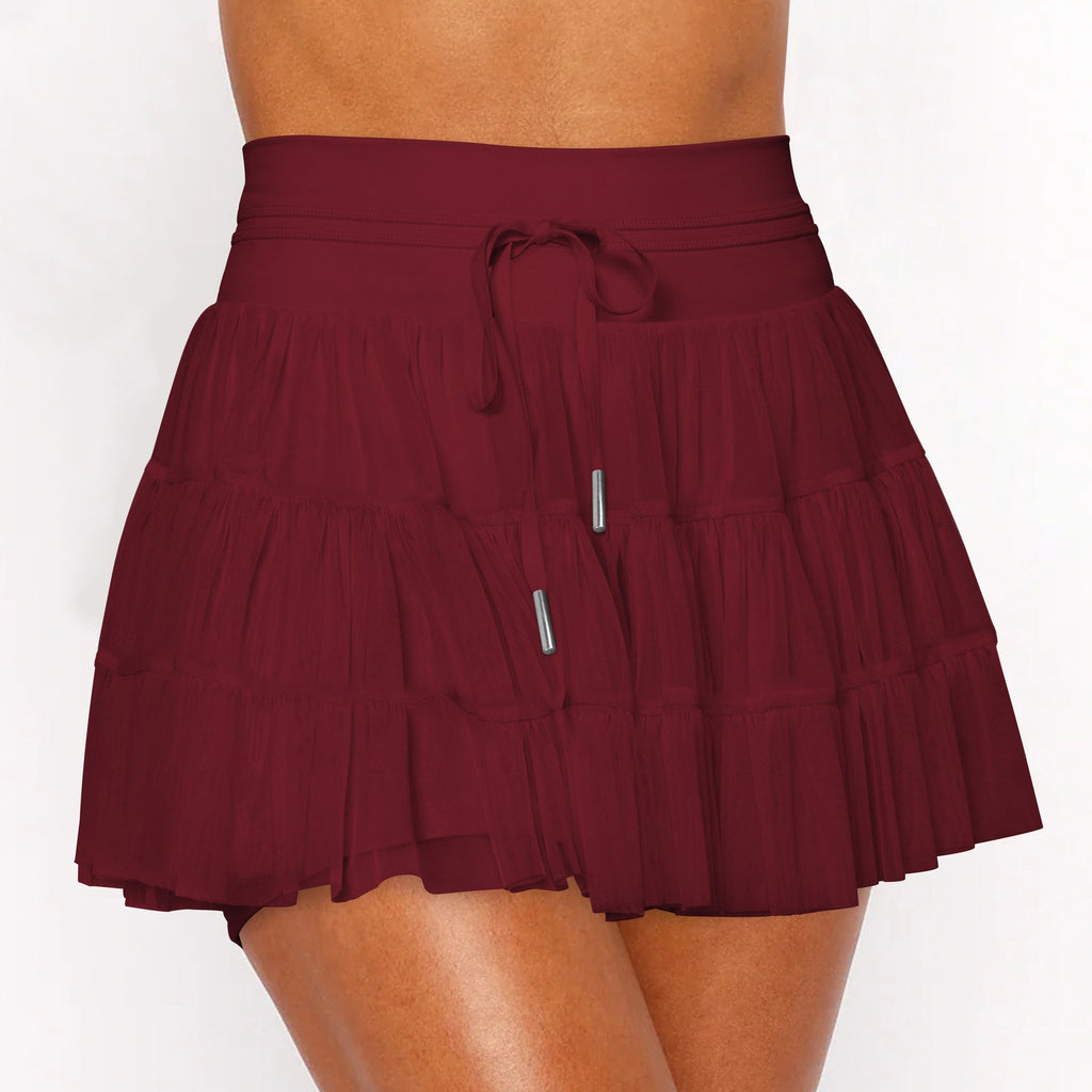 Tiered Mesh High Waist Tennis Skort With Pockets - Wine Red