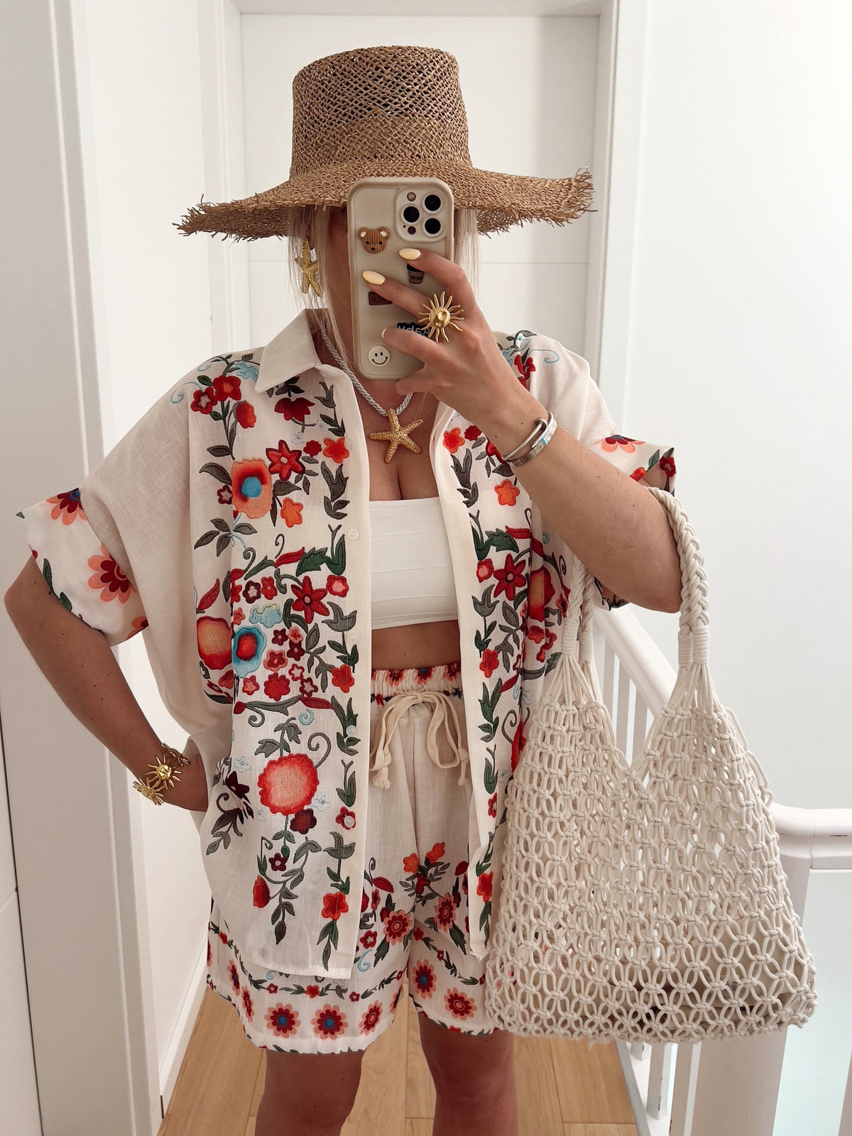 Embroidered Floral Camp Shirt and Shorts Set - Flower