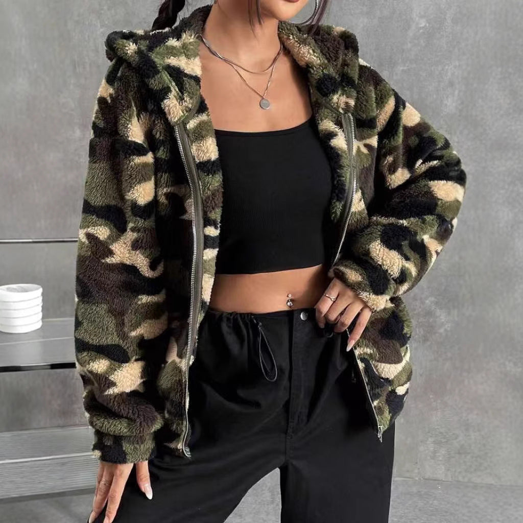 Plush Fleece Camo Zip Hooded Jacket - Camouflage