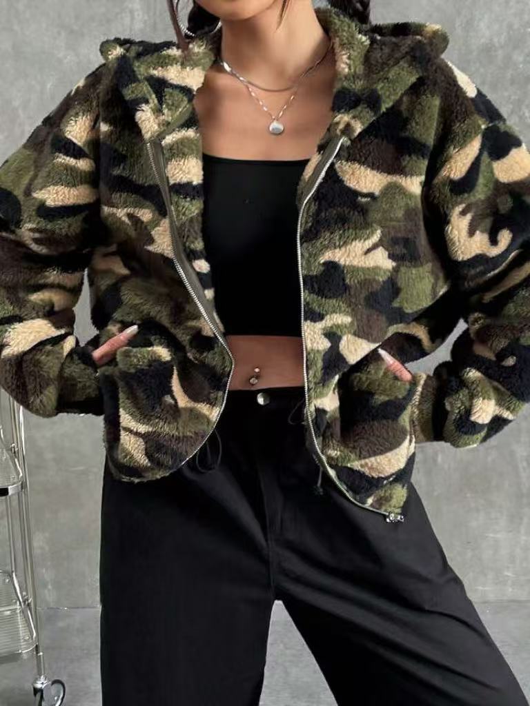 Plush Fleece Camo Zip Hooded Jacket - Camouflage - 1