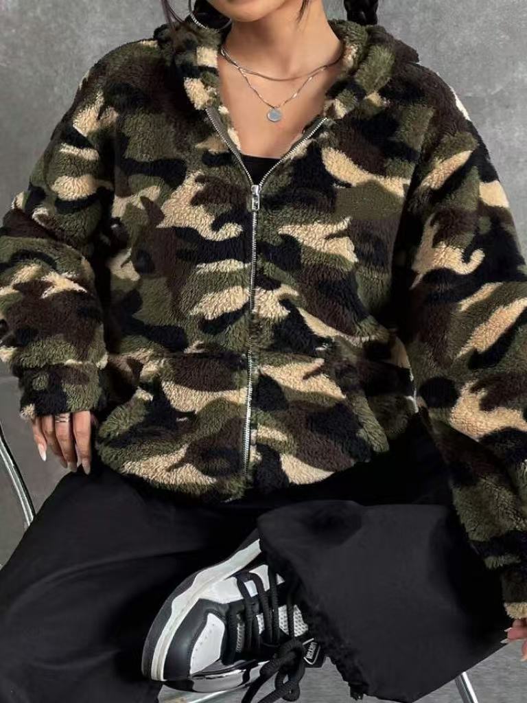 Plush Fleece Camo Zip Hooded Jacket - Camouflage - 2