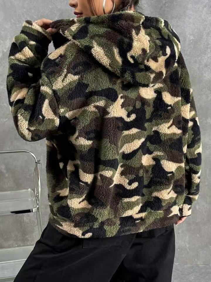 Plush Fleece Camo Zip Hooded Jacket - Camouflage - 3