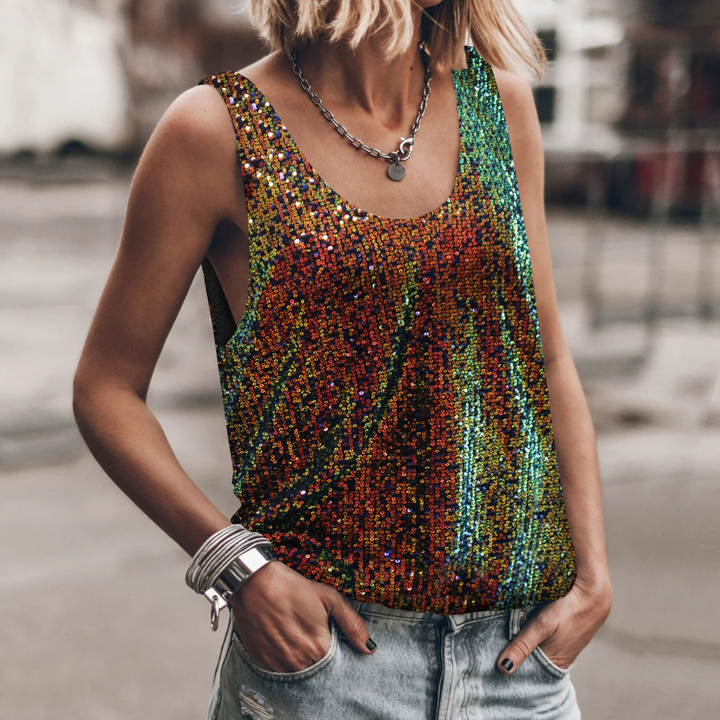 Sequin Tank Top With Scoop Neckline - Colored